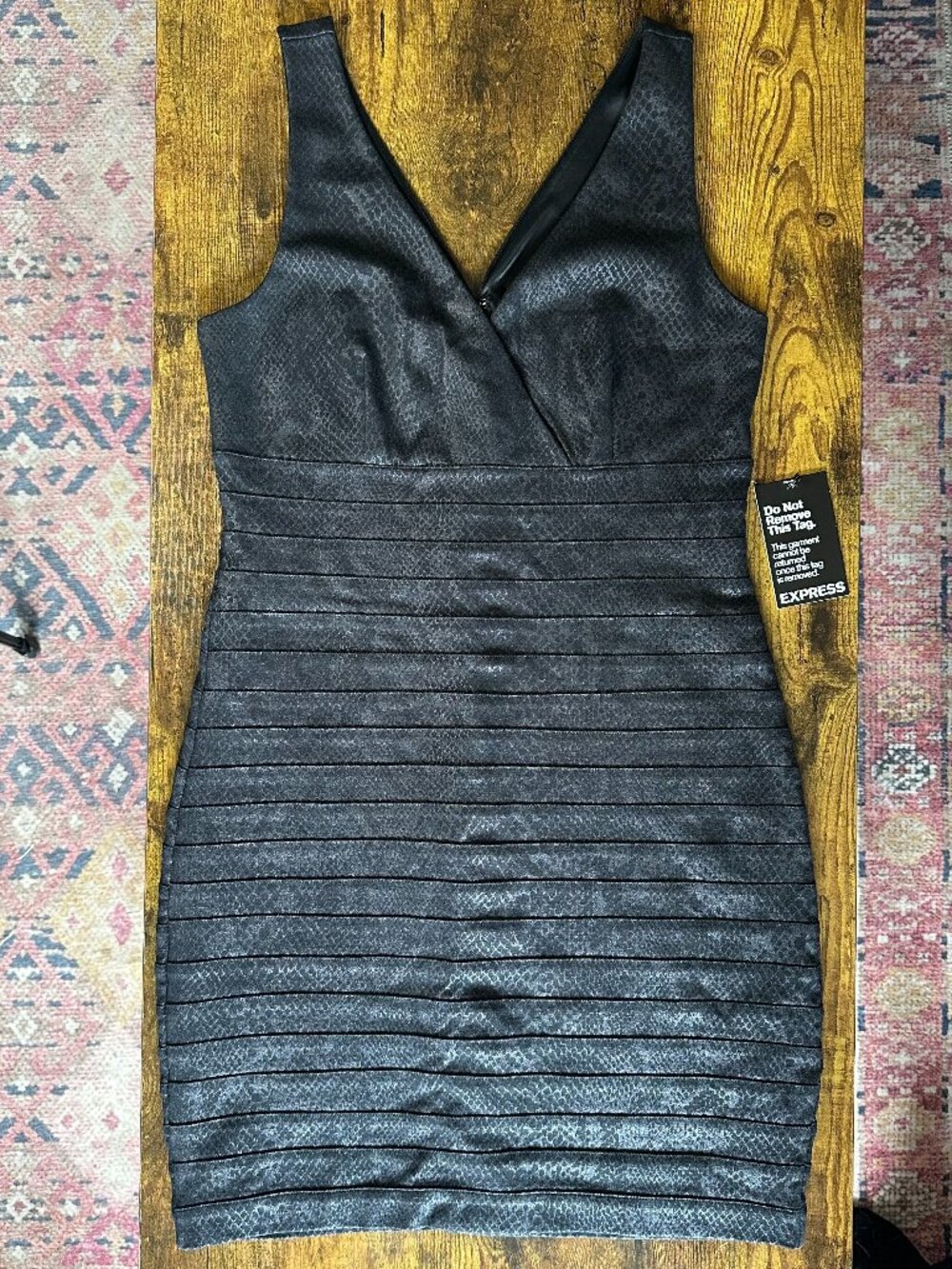 Express Women's Dress Sleeveless Black Snakeskin Pattern Tiered Bodycon